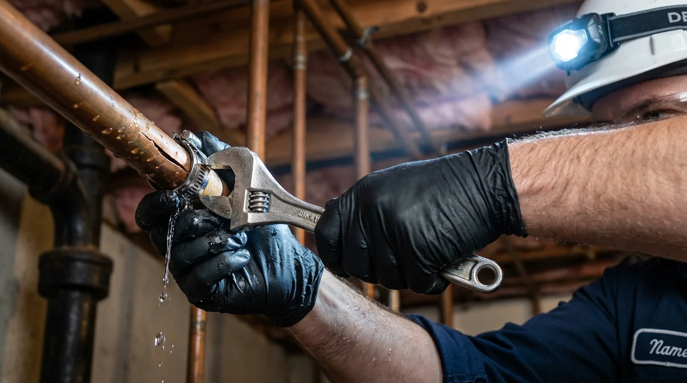 Emergency pipe clamp repair being performed by a Johns Plumbing LLC plumber in Saint Bonifacius