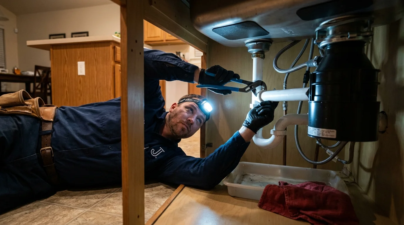 P-trap and supply line connections under a kitchen sink showing a common leak point in Saint Bonifacius, MN